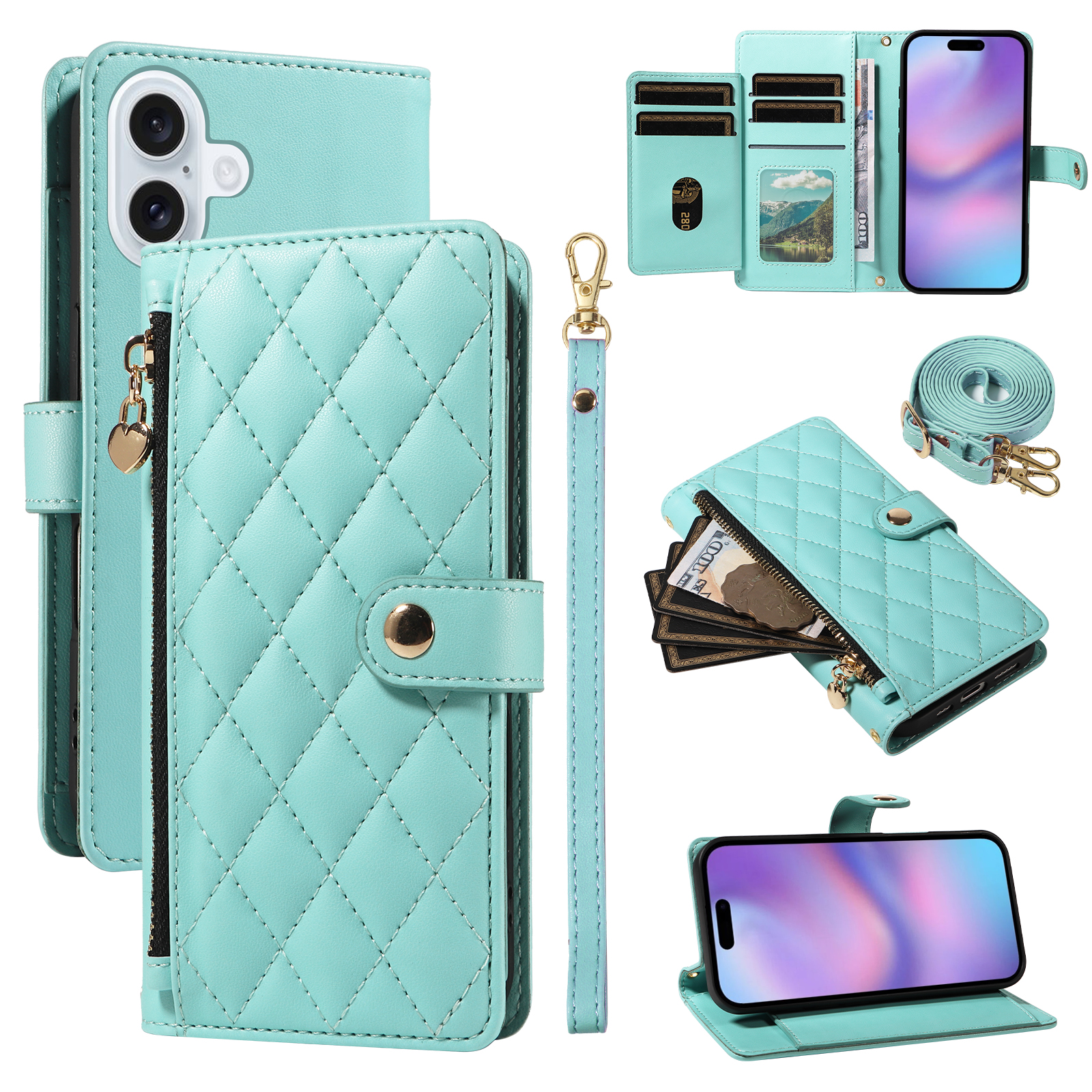 For iPhone 17 Wallet Case with Straps, Rhombus Leather Stand Phone Cover - Light Green