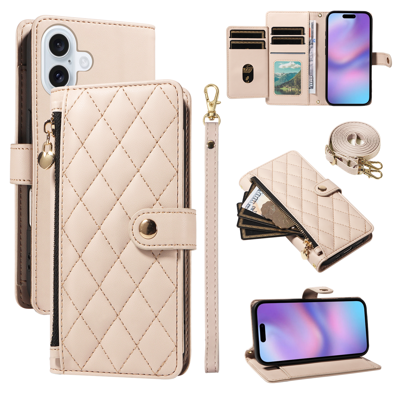 For iPhone 17 Wallet Case with Straps, Rhombus Leather Stand Phone Cover - Beige