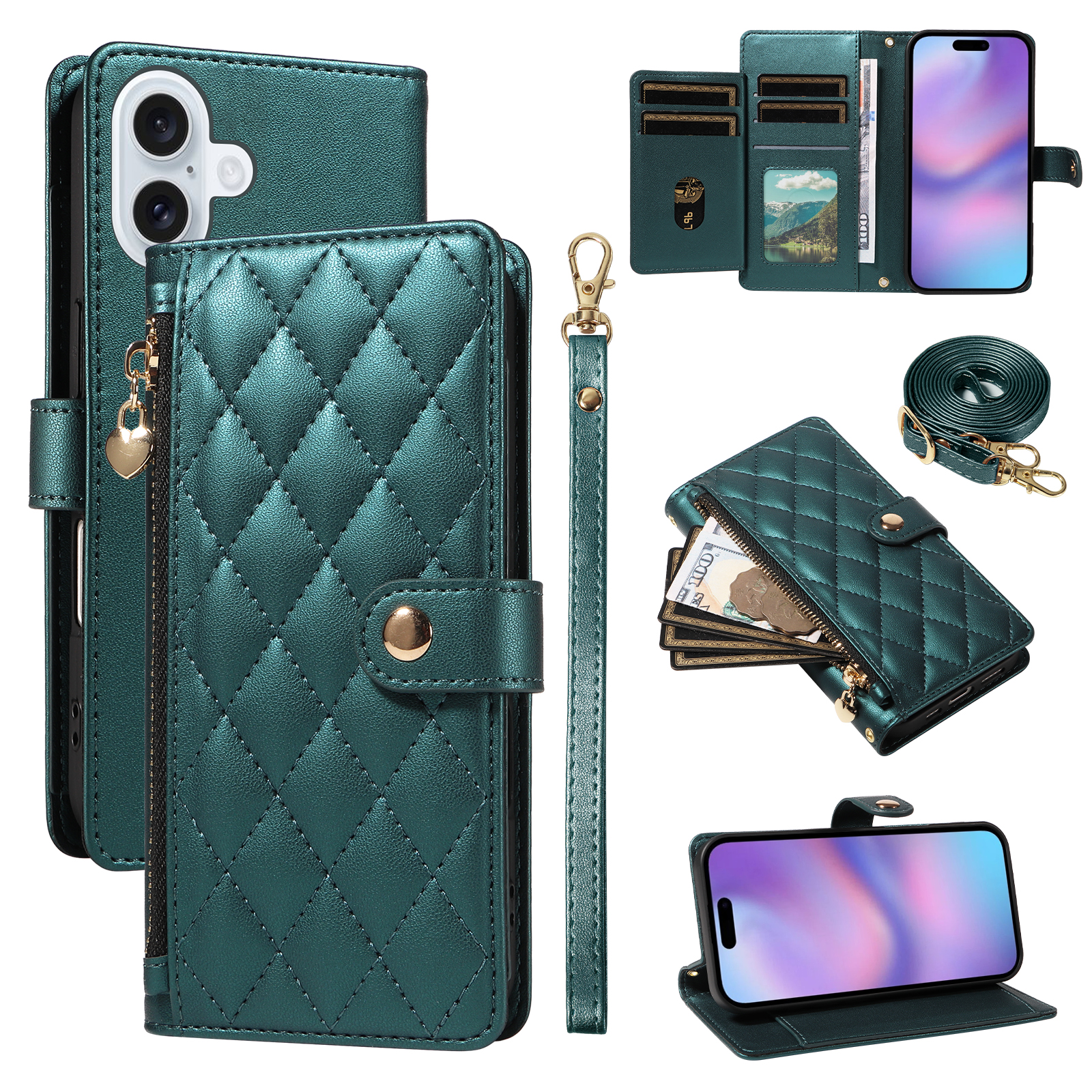 For iPhone 17 Wallet Case with Straps, Rhombus Leather Stand Phone Cover - Blackish Green