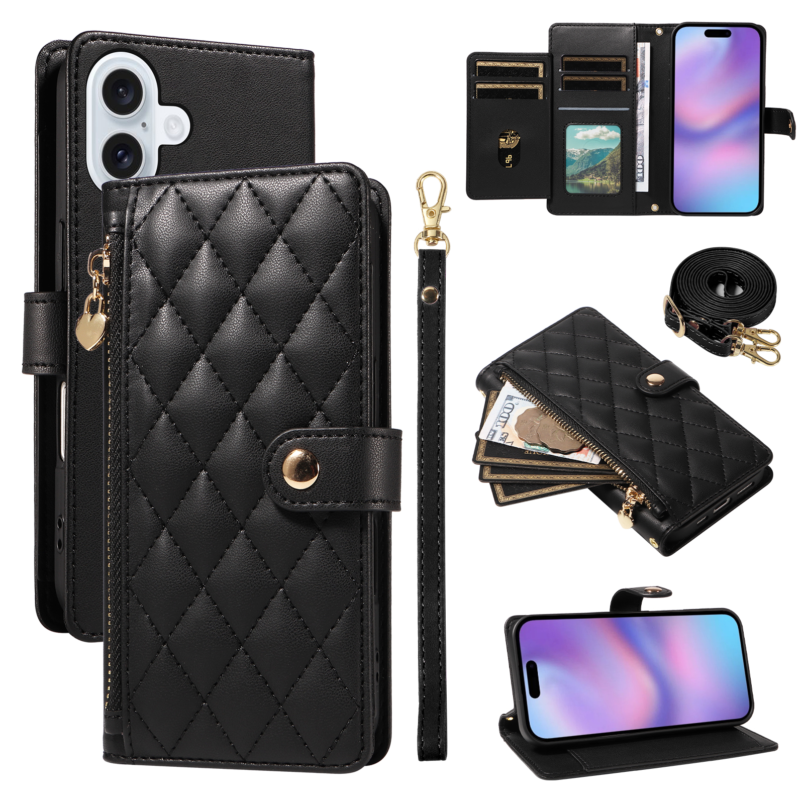 For iPhone 17 Wallet Case with Straps, Rhombus Leather Stand Phone Cover -   Black