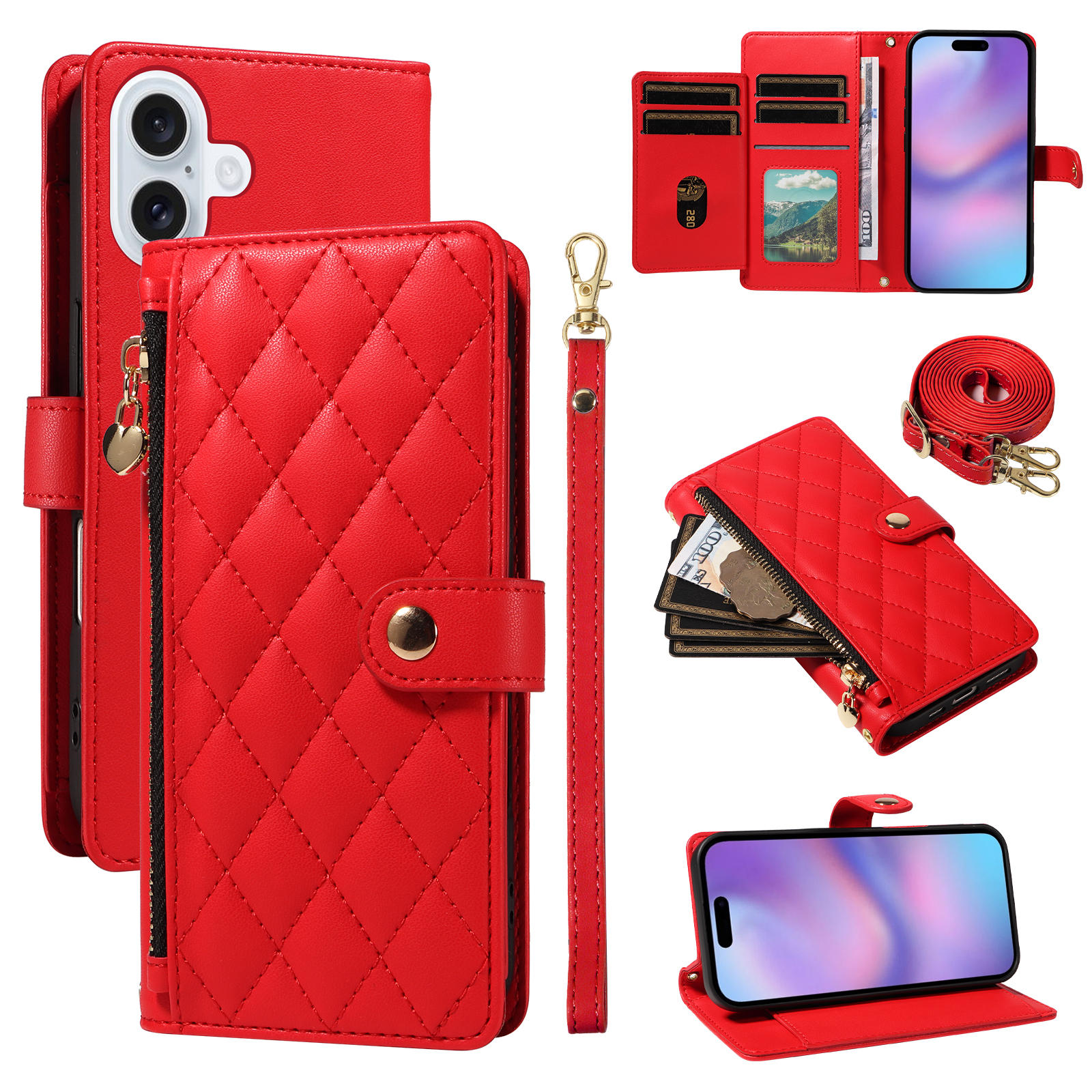 For iPhone 17 Wallet Case with Straps, Rhombus Leather Stand Phone Cover - Red
