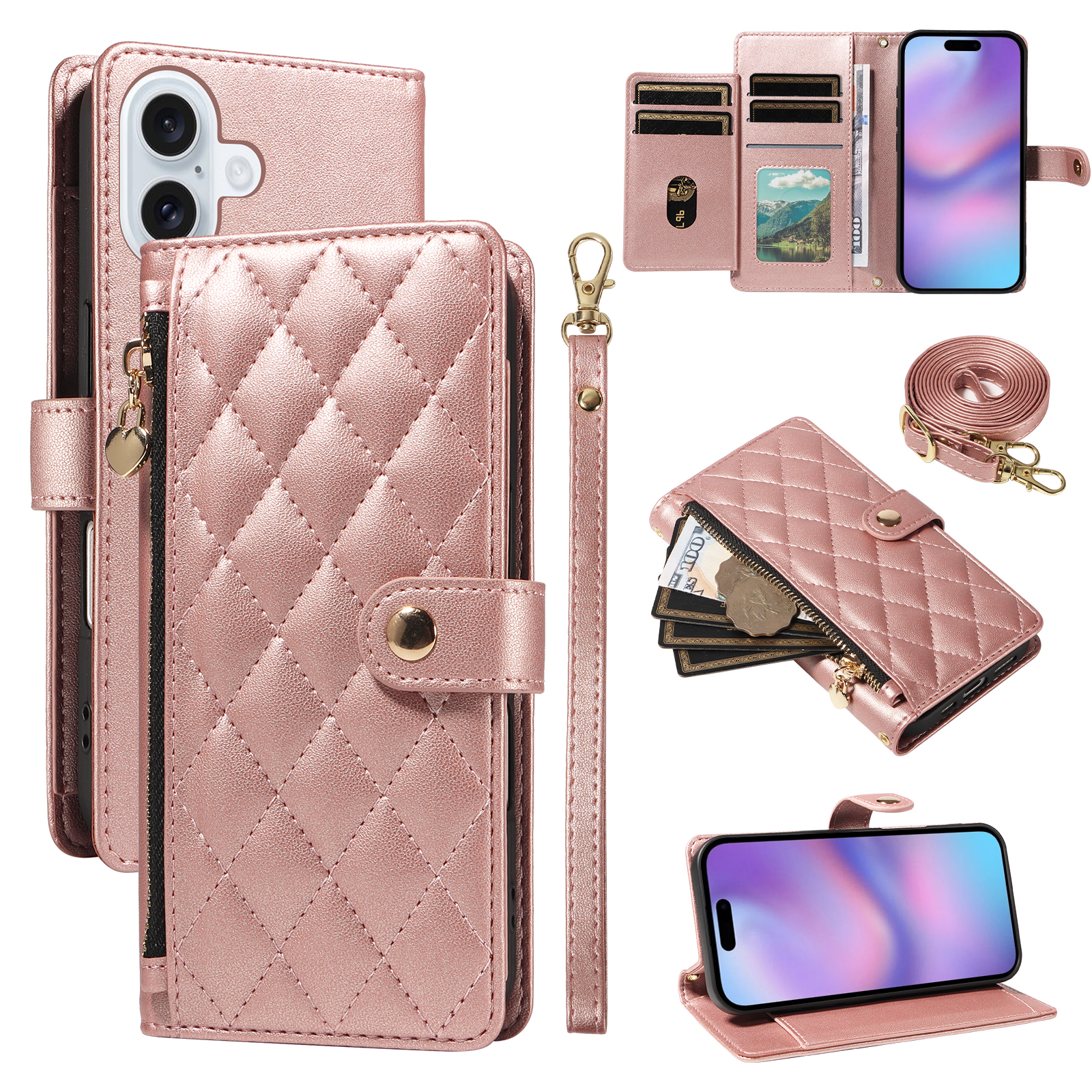 For iPhone 17 Wallet Case with Straps, Rhombus Leather Stand Phone Cover -  Rose Gold