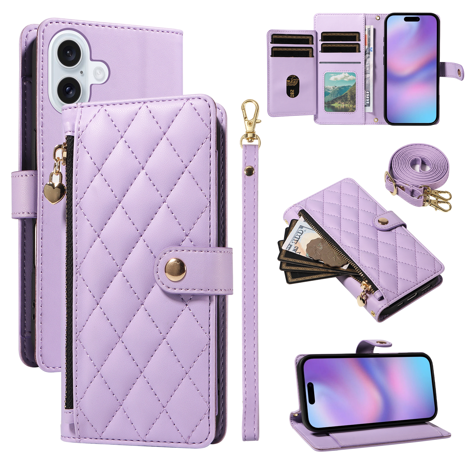 For iPhone 17 Wallet Case with Straps, Rhombus Leather Stand Phone Cover - Purple