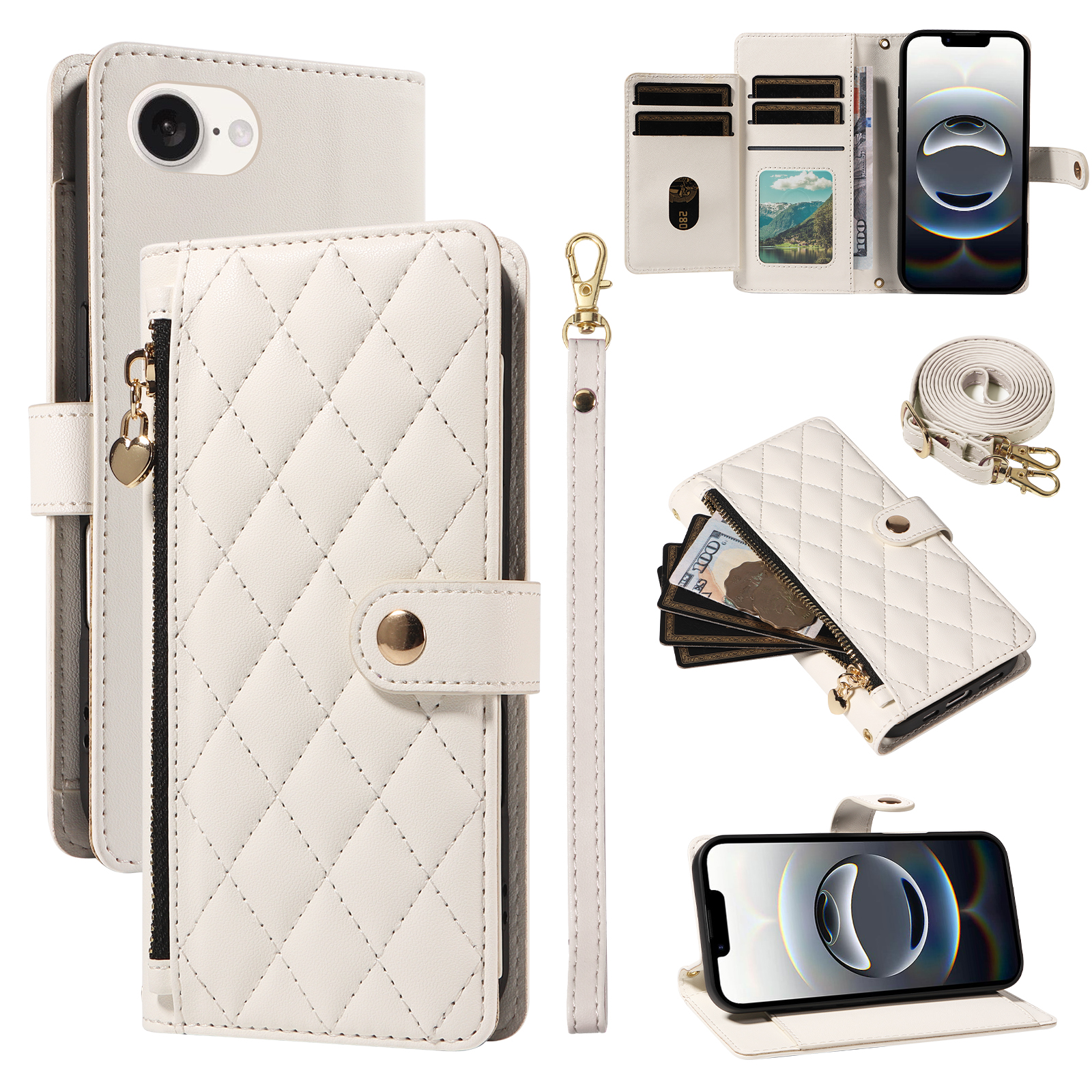 For iPhone 16e Wallet Case with Straps, Rhombus Leather Stand Phone Cover - White