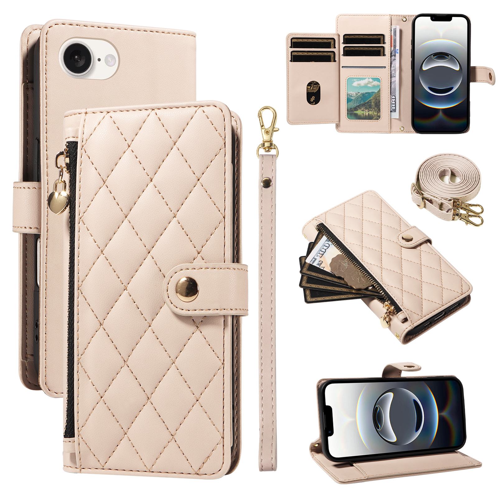 For iPhone 16e Wallet Case with Straps, Rhombus Leather Stand Phone Cover - Beige