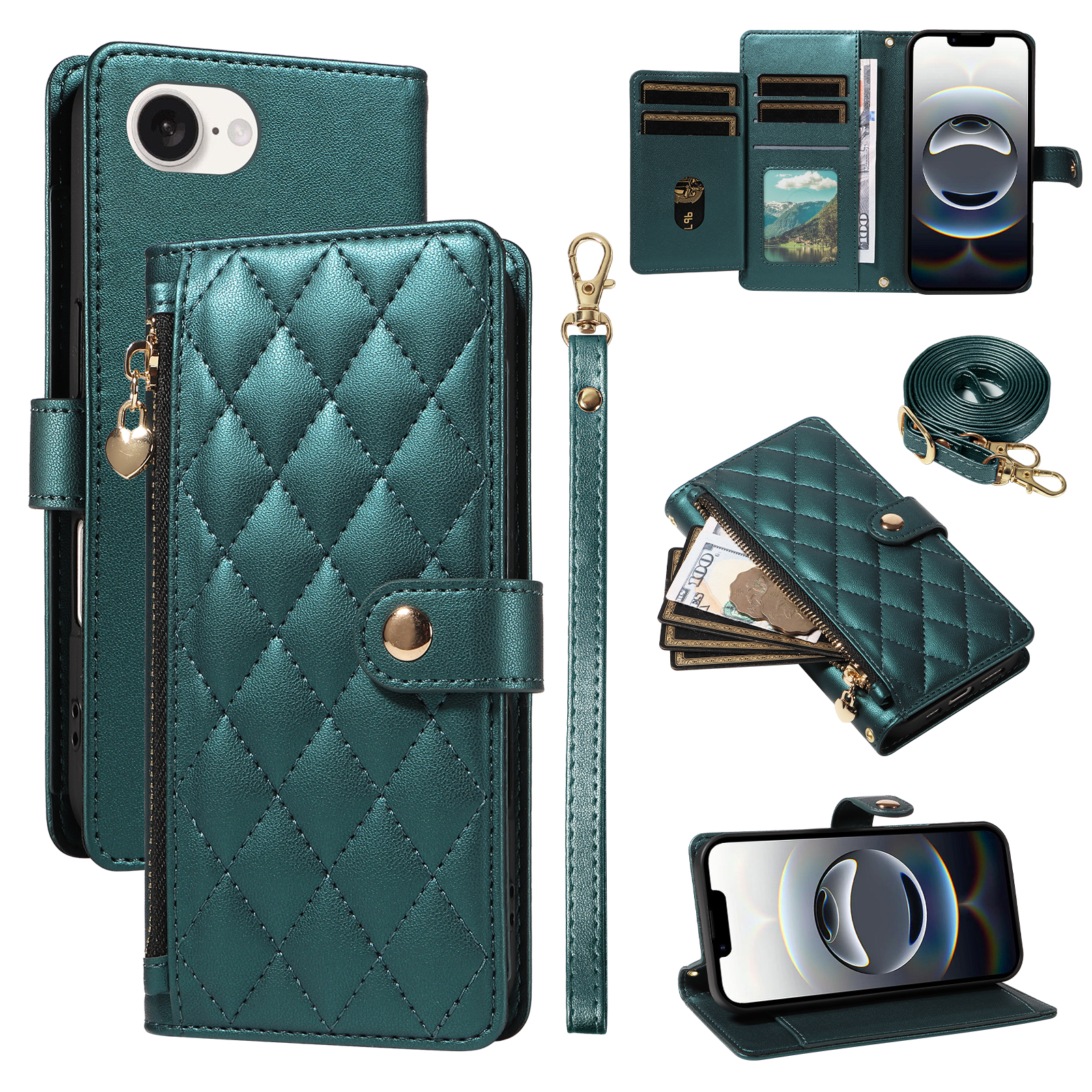 For iPhone 16e Wallet Case with Straps, Rhombus Leather Stand Phone Cover - Blackish Green