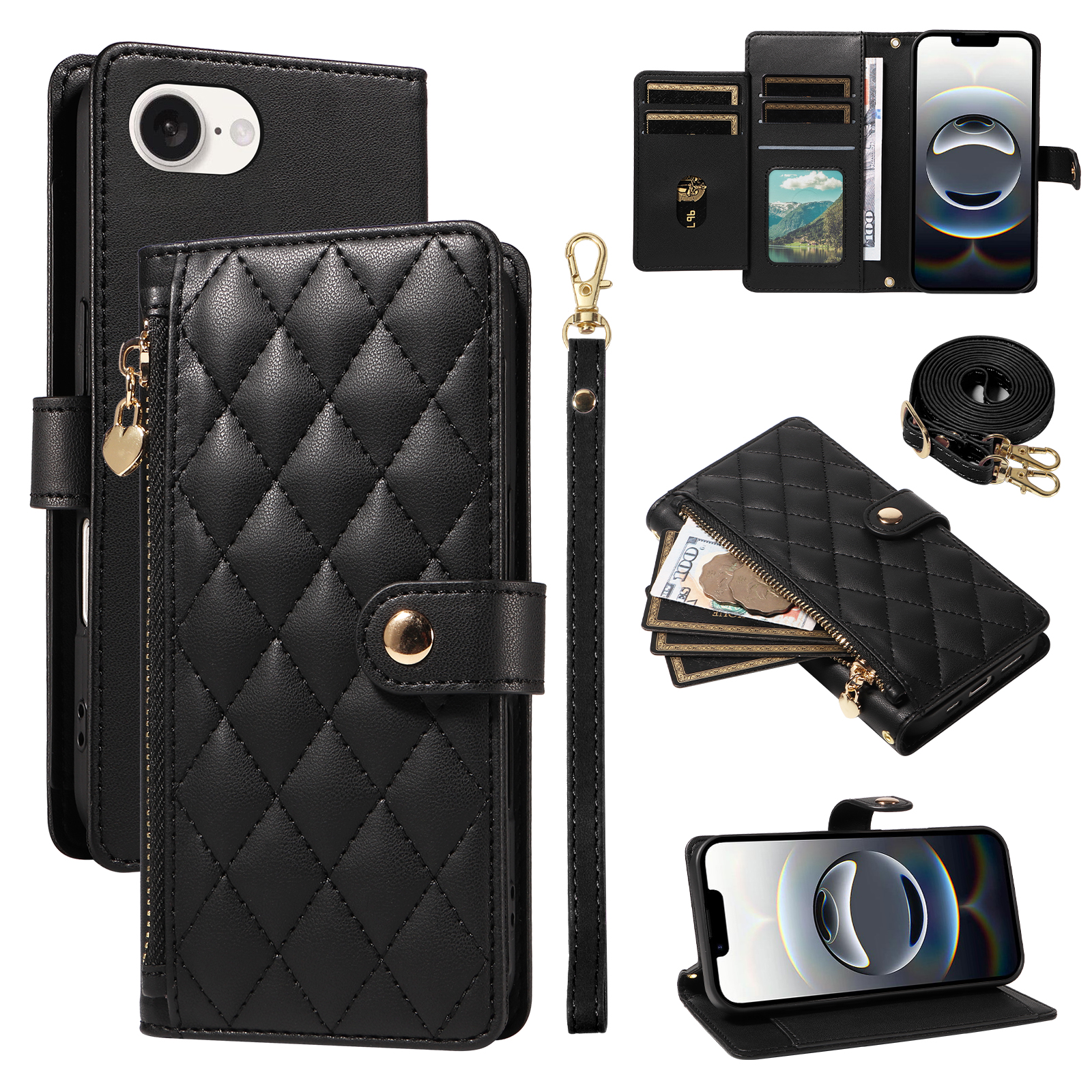 For iPhone 16e Wallet Case with Straps, Rhombus Leather Stand Phone Cover -   Black