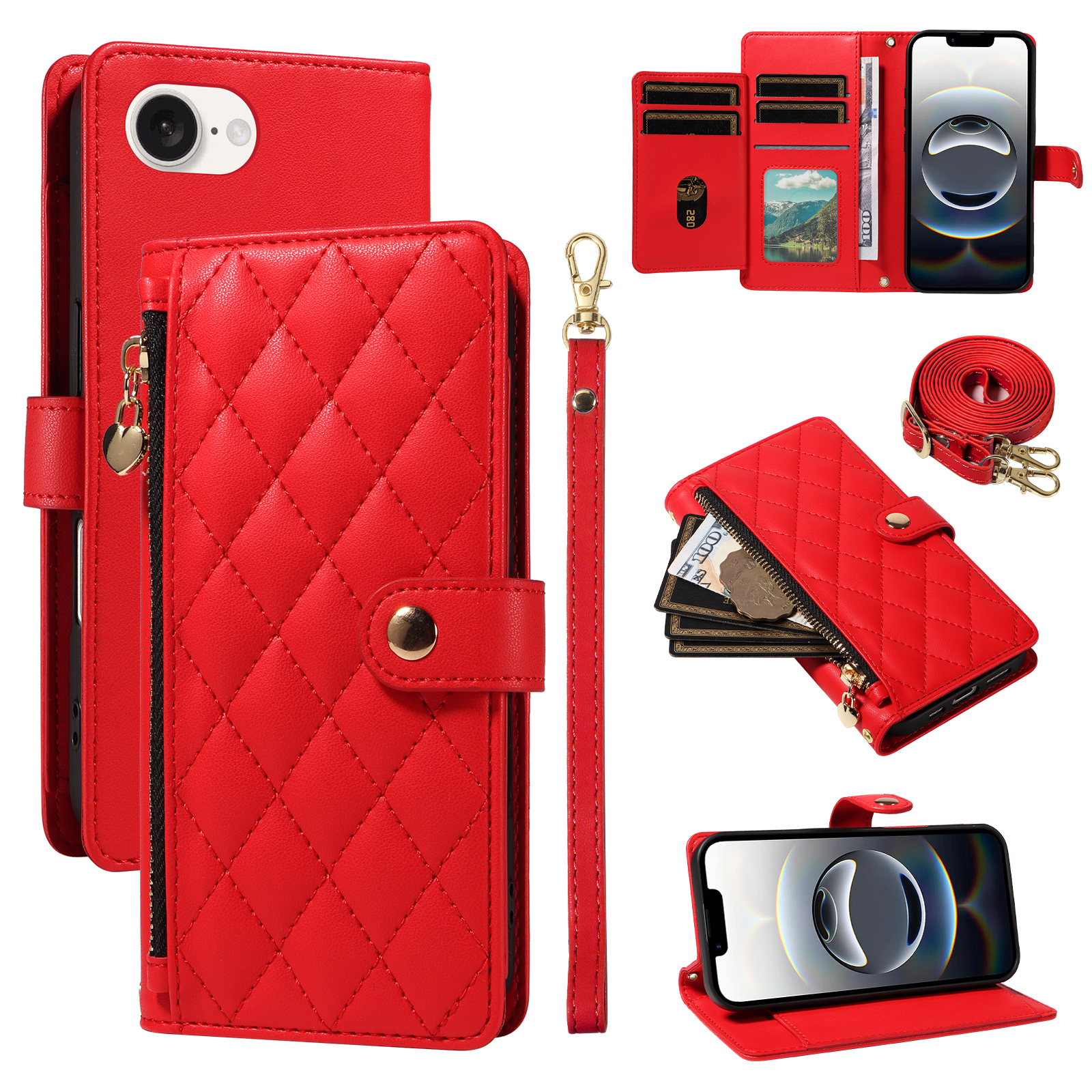 For iPhone 16e Wallet Case with Straps, Rhombus Leather Stand Phone Cover - Red