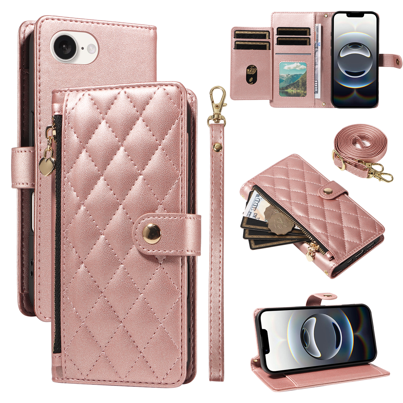 For iPhone 16e Wallet Case with Straps, Rhombus Leather Stand Phone Cover -  Rose Gold