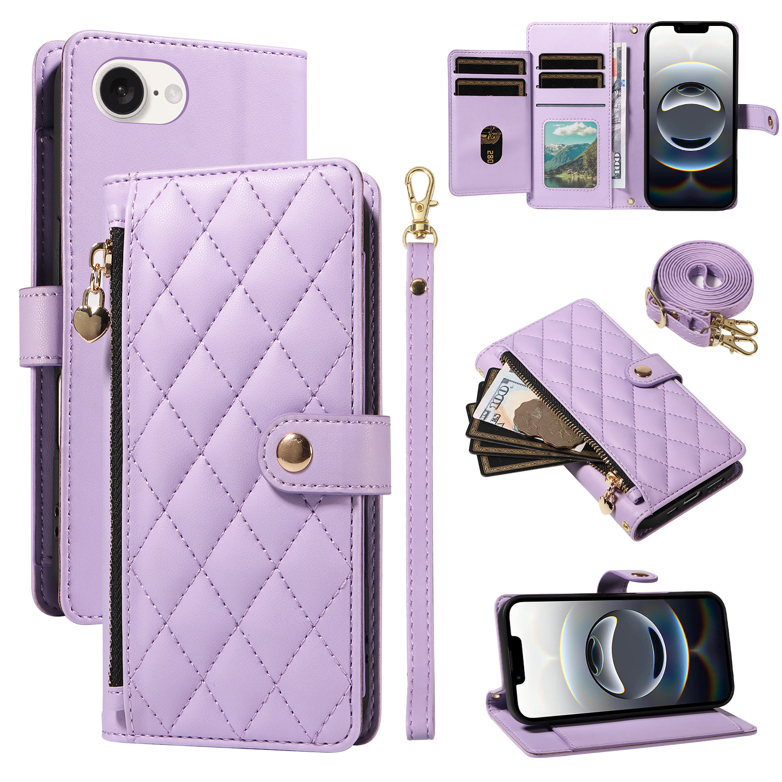 For iPhone 16e Wallet Case with Straps, Rhombus Leather Stand Phone Cover - Purple