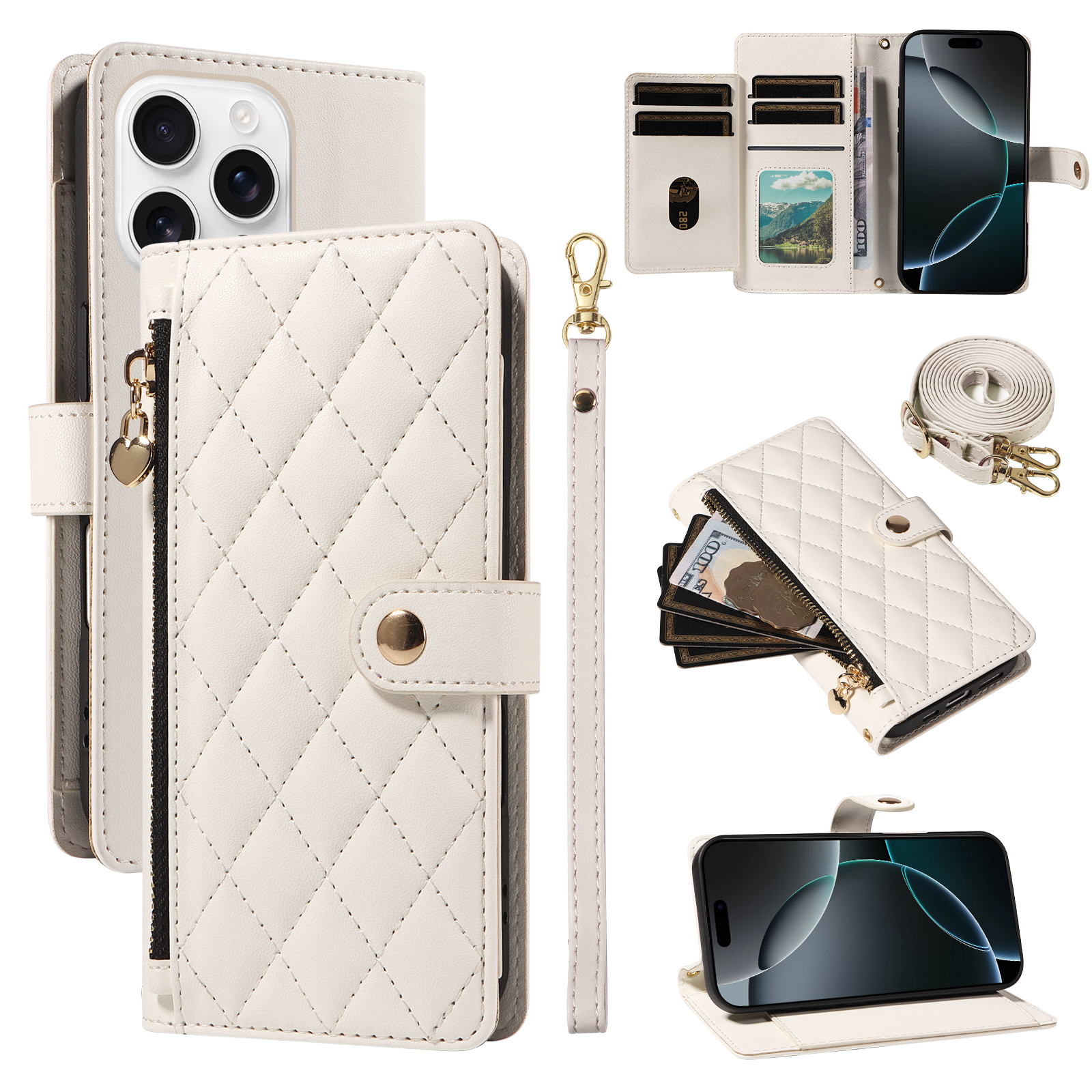 For iPhone 16 Pro Max Wallet Case with Straps, Rhombus Leather Stand Phone Cover - White