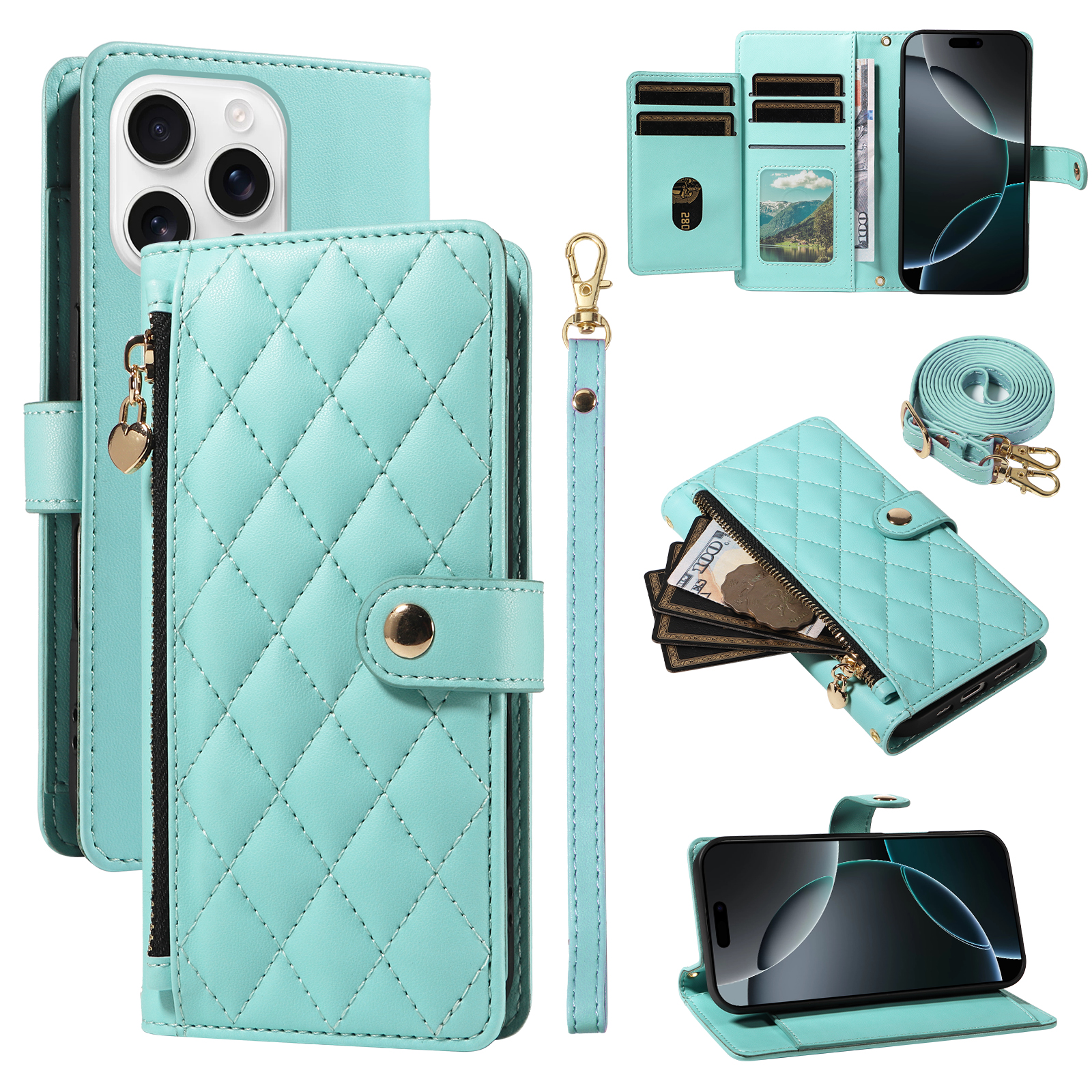 For iPhone 16 Pro Max Wallet Case with Straps, Rhombus Leather Stand Phone Cover - Light Green