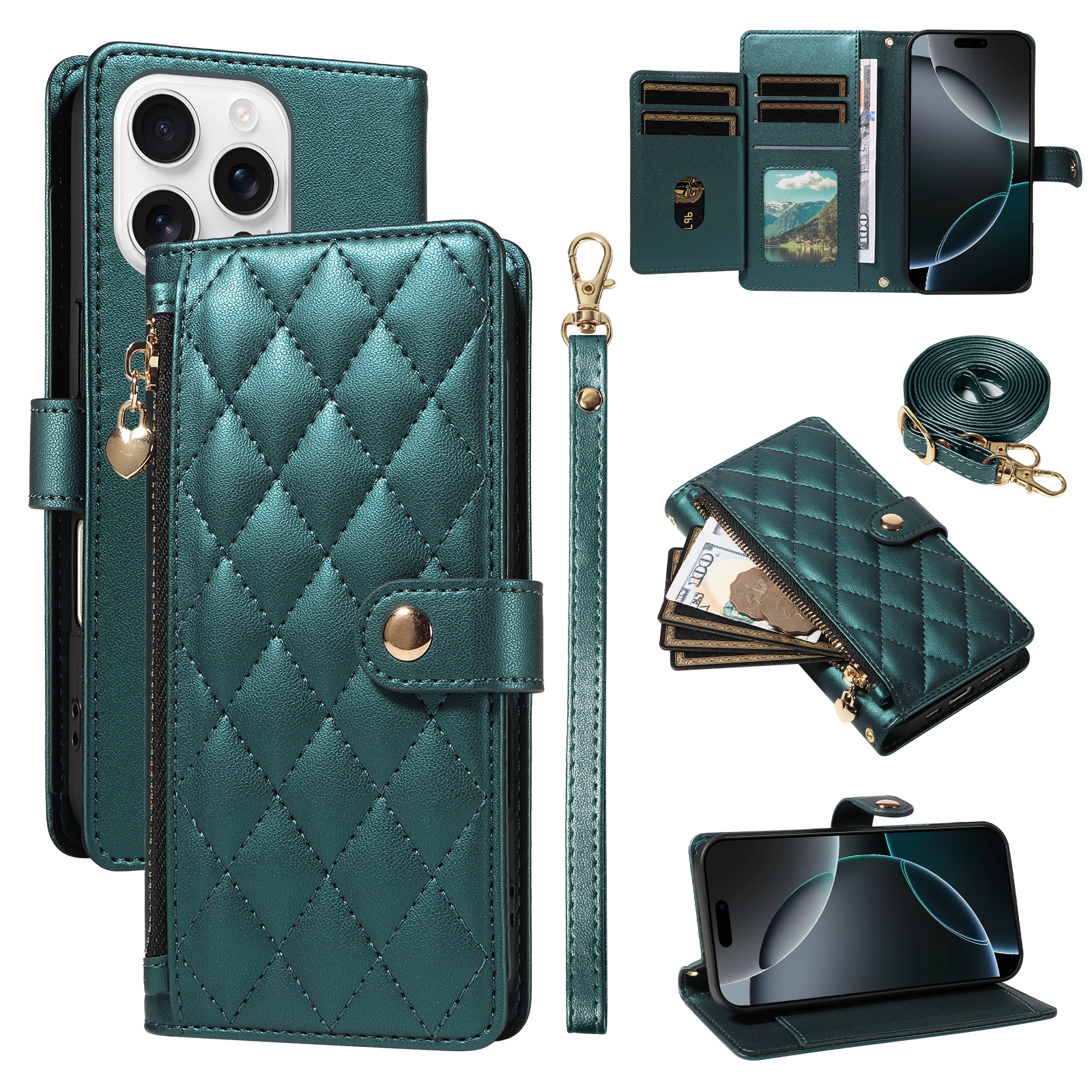 For iPhone 16 Pro Max Wallet Case with Straps, Rhombus Leather Stand Phone Cover - Blackish Green