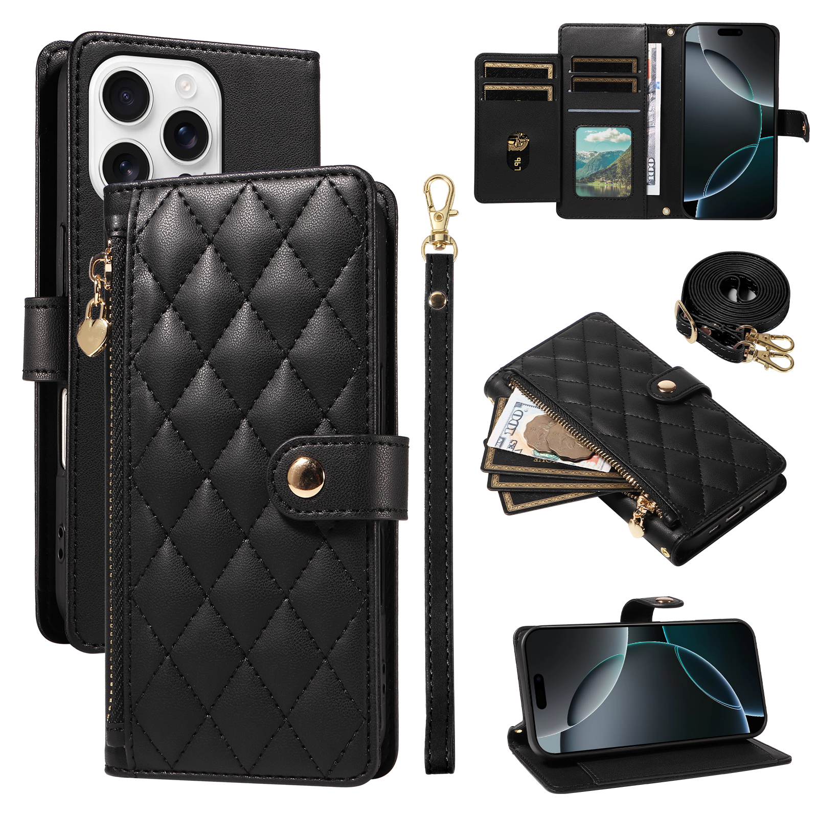 For iPhone 16 Pro Max Wallet Case with Straps, Rhombus Leather Stand Phone Cover -   Black