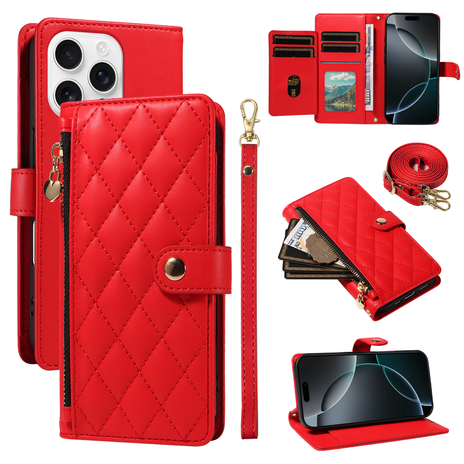 For iPhone 16 Pro Max Wallet Case with Straps, Rhombus Leather Stand Phone Cover - Red