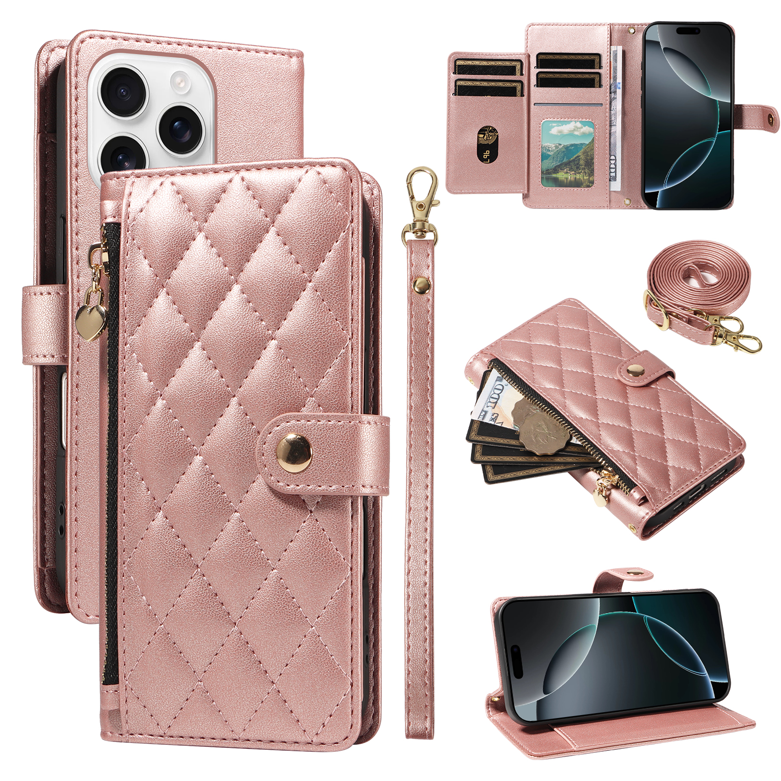 For iPhone 16 Pro Max Wallet Case with Straps, Rhombus Leather Stand Phone Cover - Rose Gold