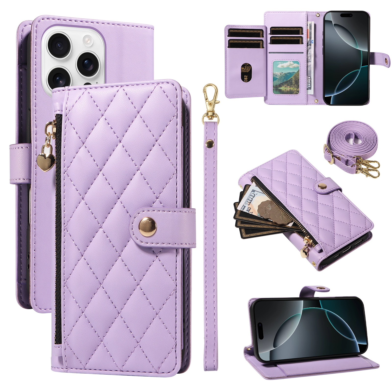 For iPhone 16 Pro Max Wallet Case with Straps, Rhombus Leather Stand Phone Cover - Purple