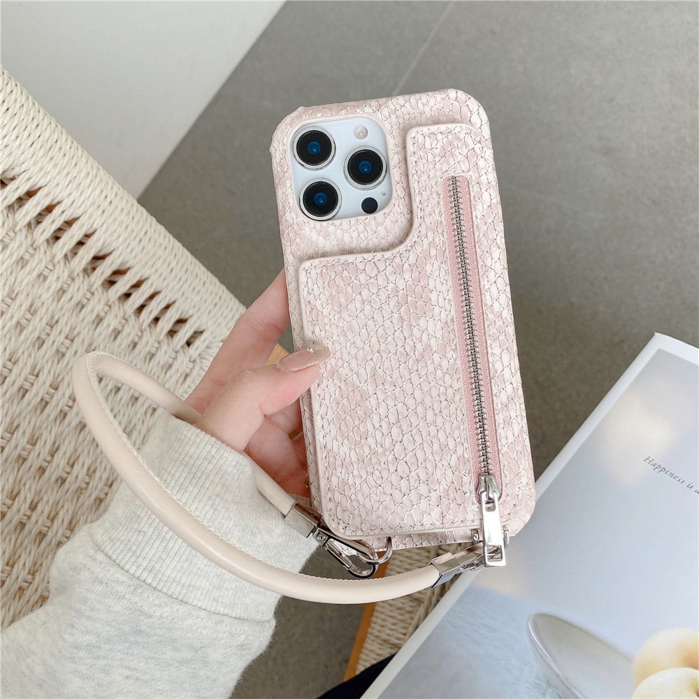 For iPhone 16 Pro Max Case Zipper Card Holder Mirror Snake Texture PU + PC Back Cover with Lanyard - Light Pink