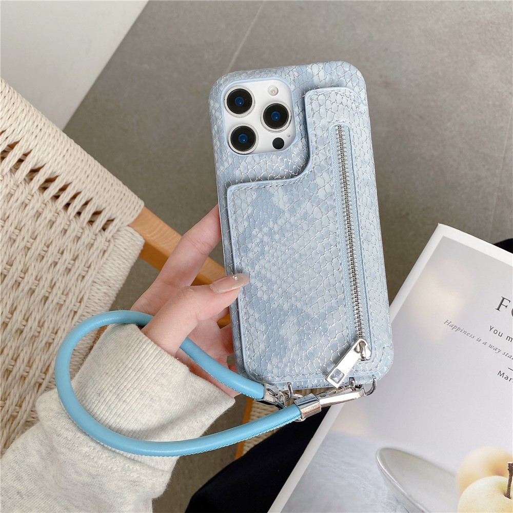 For iPhone 16 Pro Case Zipper Card Holder Mirror Snake Texture PU + PC Back Cover with Lanyard - Blue