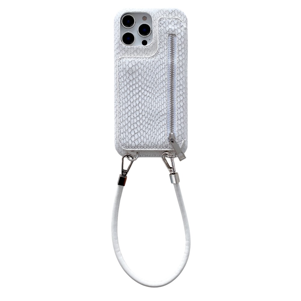 For iPhone 15 Pro Case Zipper Card Holder Mirror Snake Texture PU + PC Back Cover with Lanyard - White