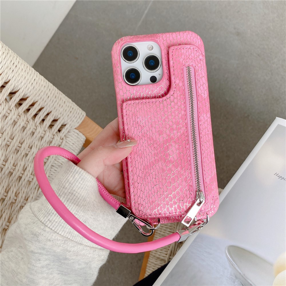 For iPhone 15 Pro Case Zipper Card Holder Mirror Snake Texture PU + PC Back Cover with Lanyard - Rose