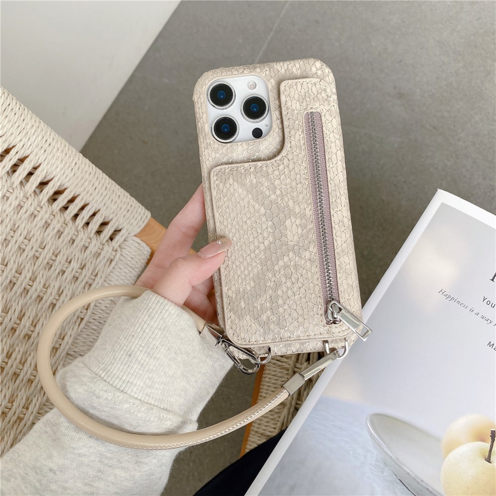 For iPhone 15 Pro Case Zipper Card Holder Mirror Snake Texture PU + PC Back Cover with Lanyard - Khaki