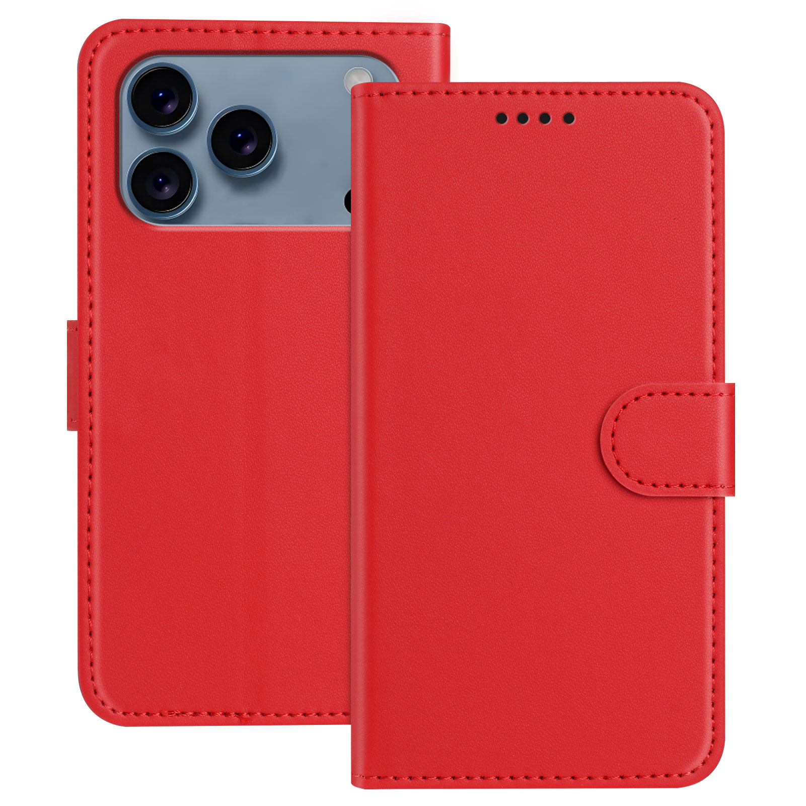 For iPhone 17 Pro Max Leather Case Wallet Stand Solid Color Anti Drop Phone Cover - Red