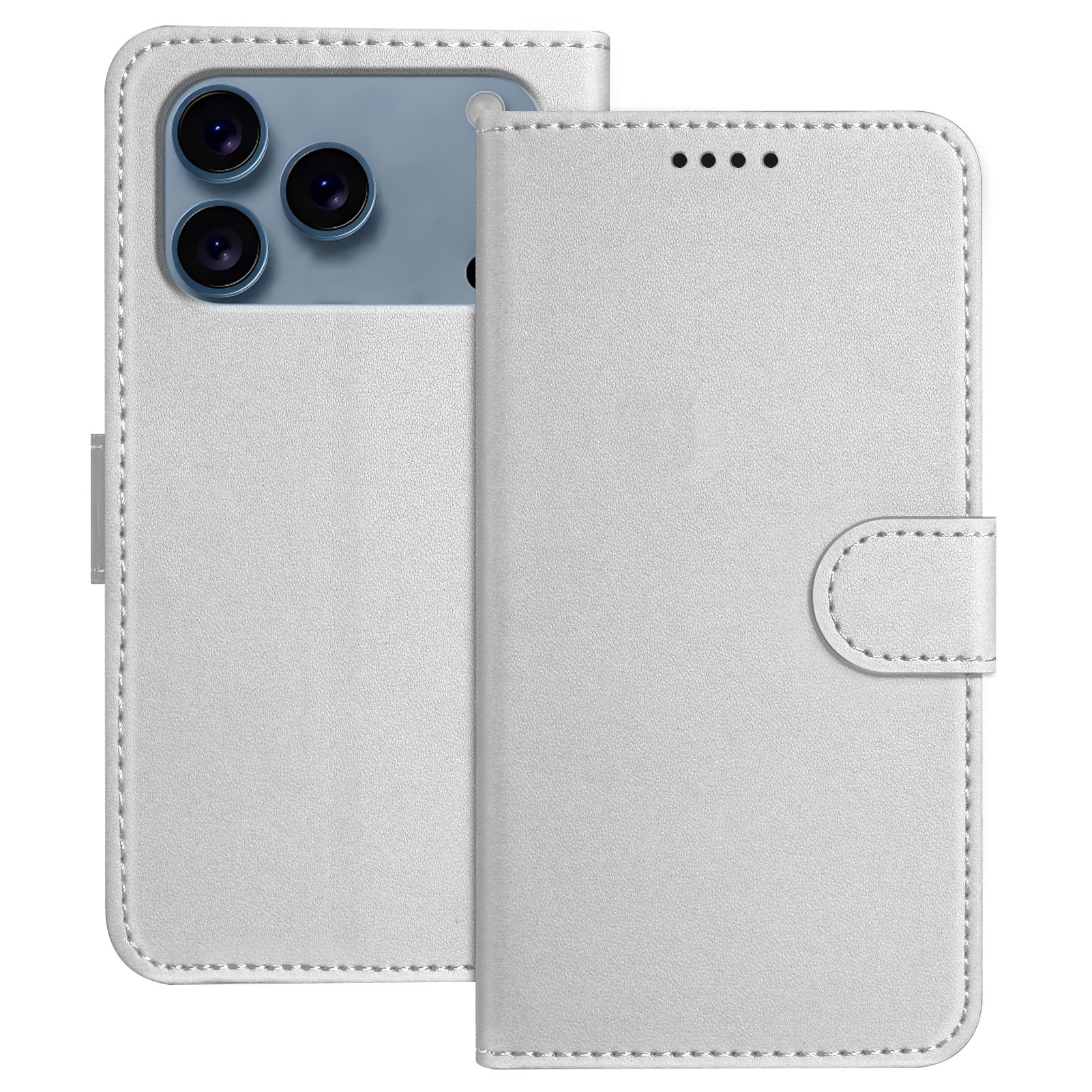 For iPhone 17 Pro Max Leather Case Wallet Stand Solid Color Anti Drop Phone Cover - Silver