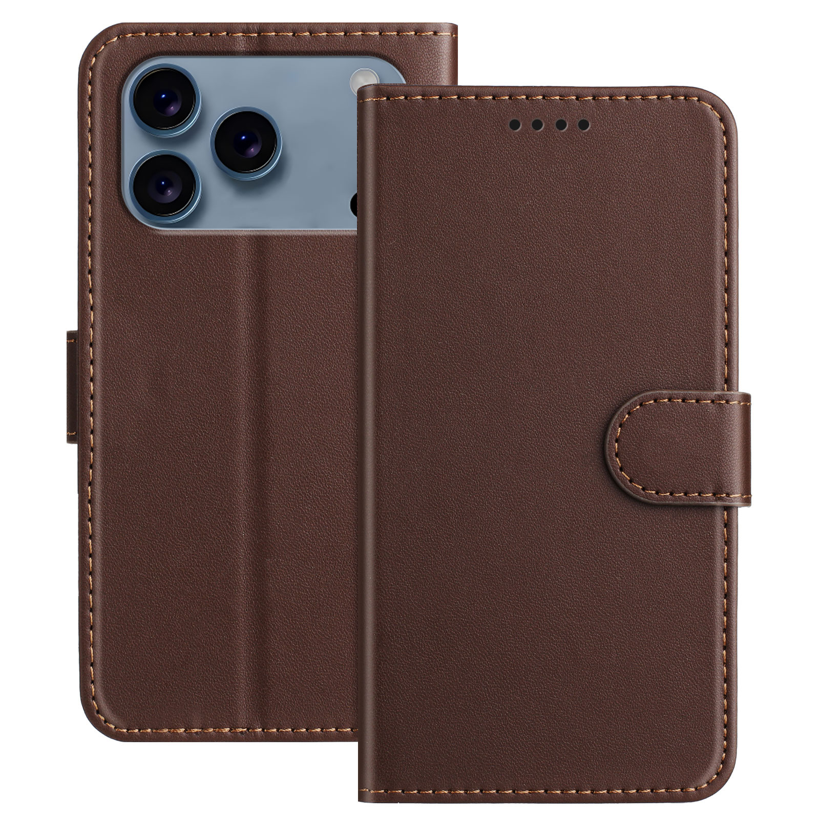 For iPhone 17 Pro Max Leather Case Wallet Stand Solid Color Anti Drop Phone Cover - Brown