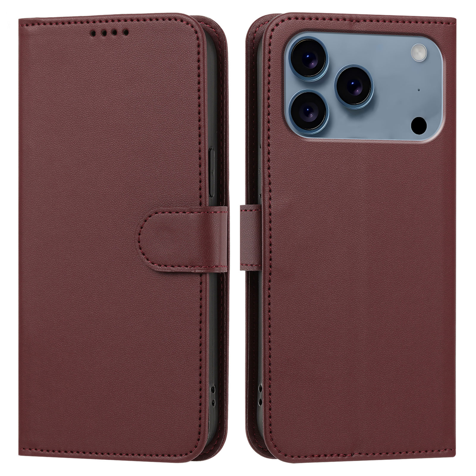 For iPhone 18 Pro Max / 17 Pro Max Leather Case Wallet Stand Solid Color Anti Drop Phone Cover - Wine Red