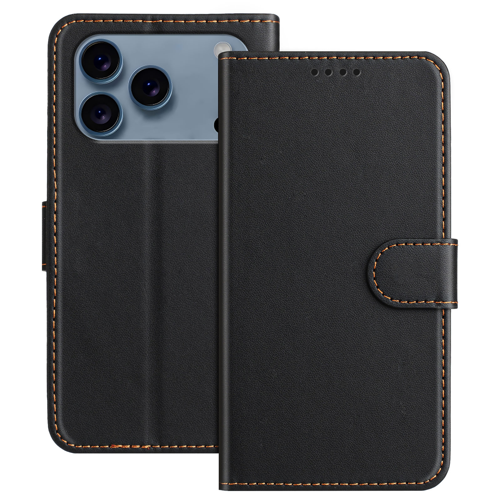 For iPhone 17 Pro Leather Case Wallet Stand Solid Color Anti Drop Phone Cover - Black