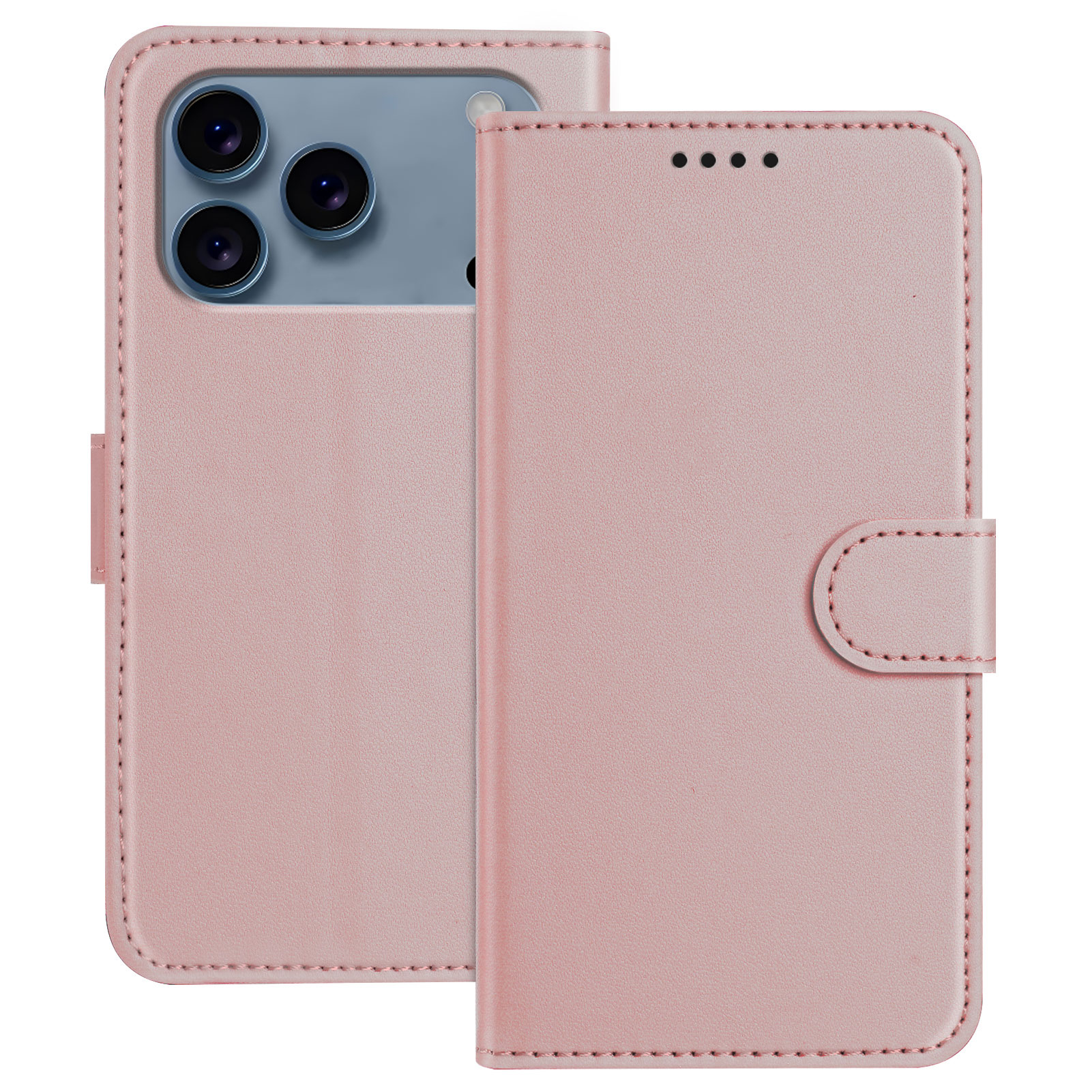 For iPhone 17 Pro Leather Case Wallet Stand Solid Color Anti Drop Phone Cover - Rose Gold