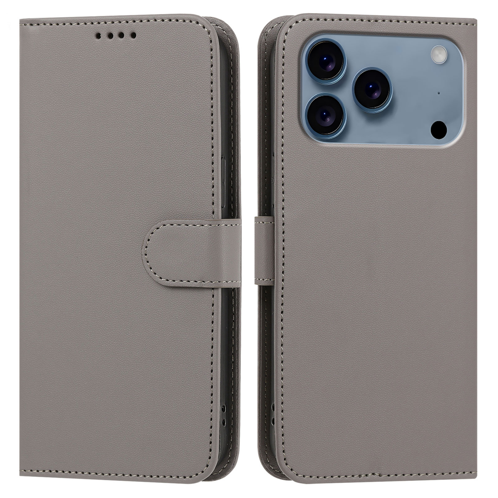 For iPhone 18 Pro / 17 Pro Leather Case Wallet Stand Solid Color Anti Drop Phone Cover - Gray