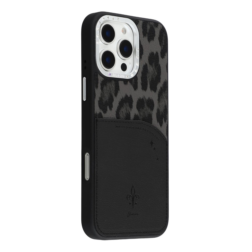 JAUCASE For iPhone 16 Pro Max Magnetic Case Leopard Print Card Holder PU TPU PC Phone Back Cover - Black