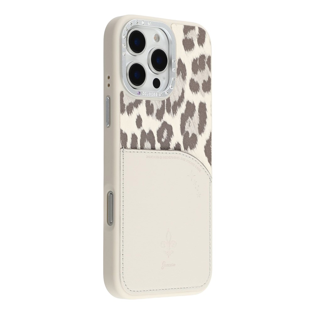 JAUCASE For iPhone 16 Pro Max Magnetic Case Leopard Print Card Holder PU TPU PC Phone Back Cover - White