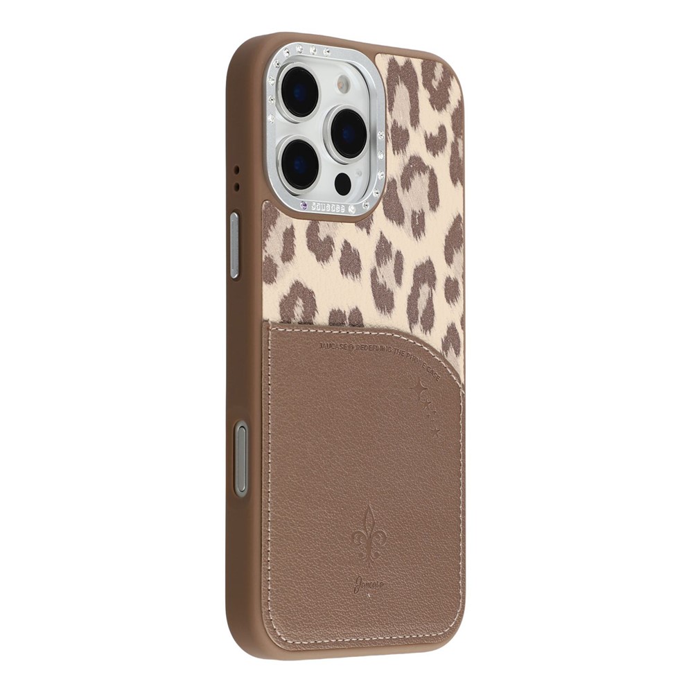 JAUCASE For iPhone 16 Pro Max Magnetic Case Leopard Print Card Holder PU TPU PC Phone Back Cover - Brown