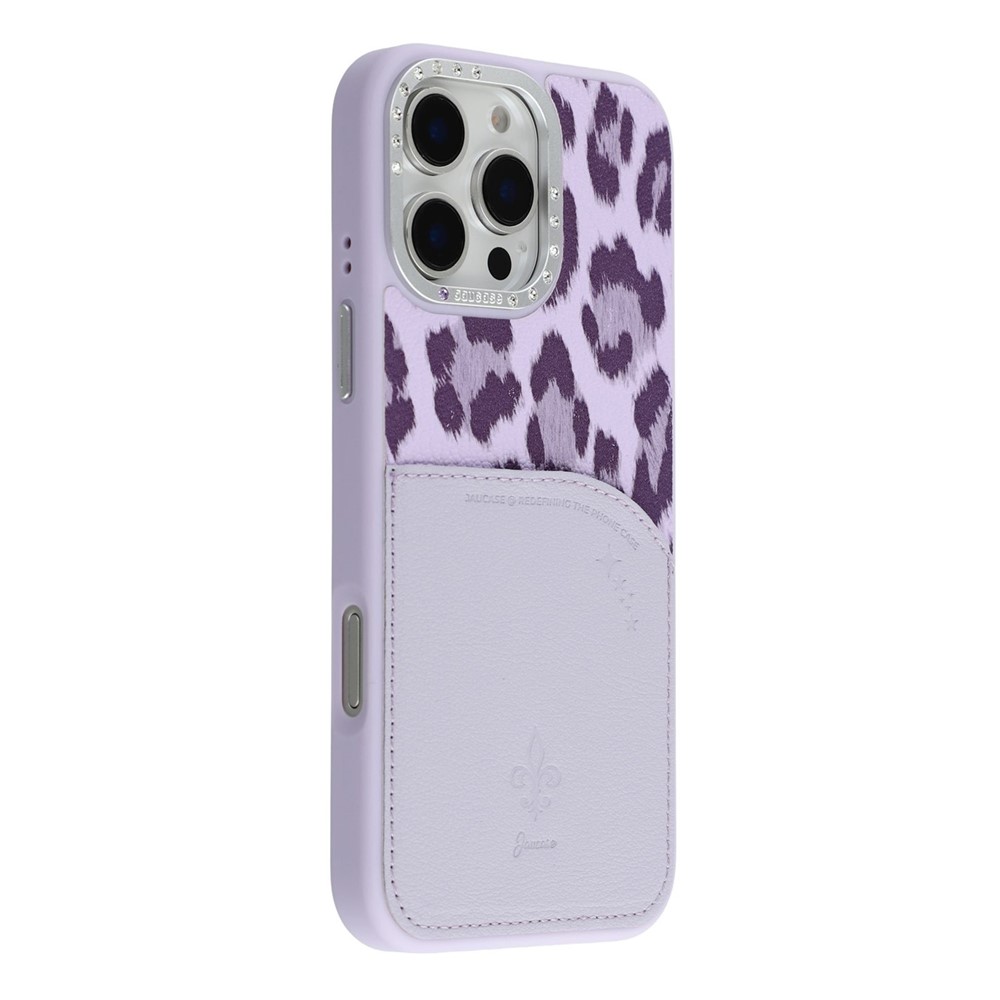 JAUCASE For iPhone 16 Pro Magnetic Case Leopard Print Card Holder PU TPU PC Phone Back Cover - Purple