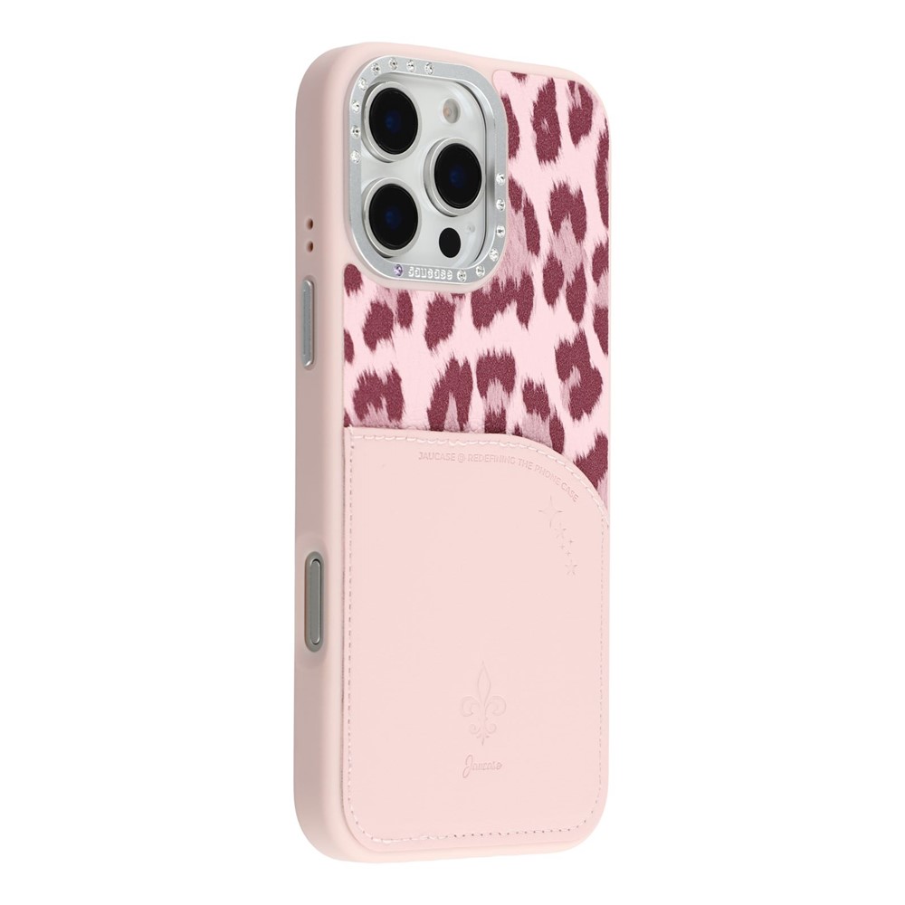 JAUCASE For iPhone 16 Pro Magnetic Case Leopard Print Card Holder PU TPU PC Phone Back Cover - Pink