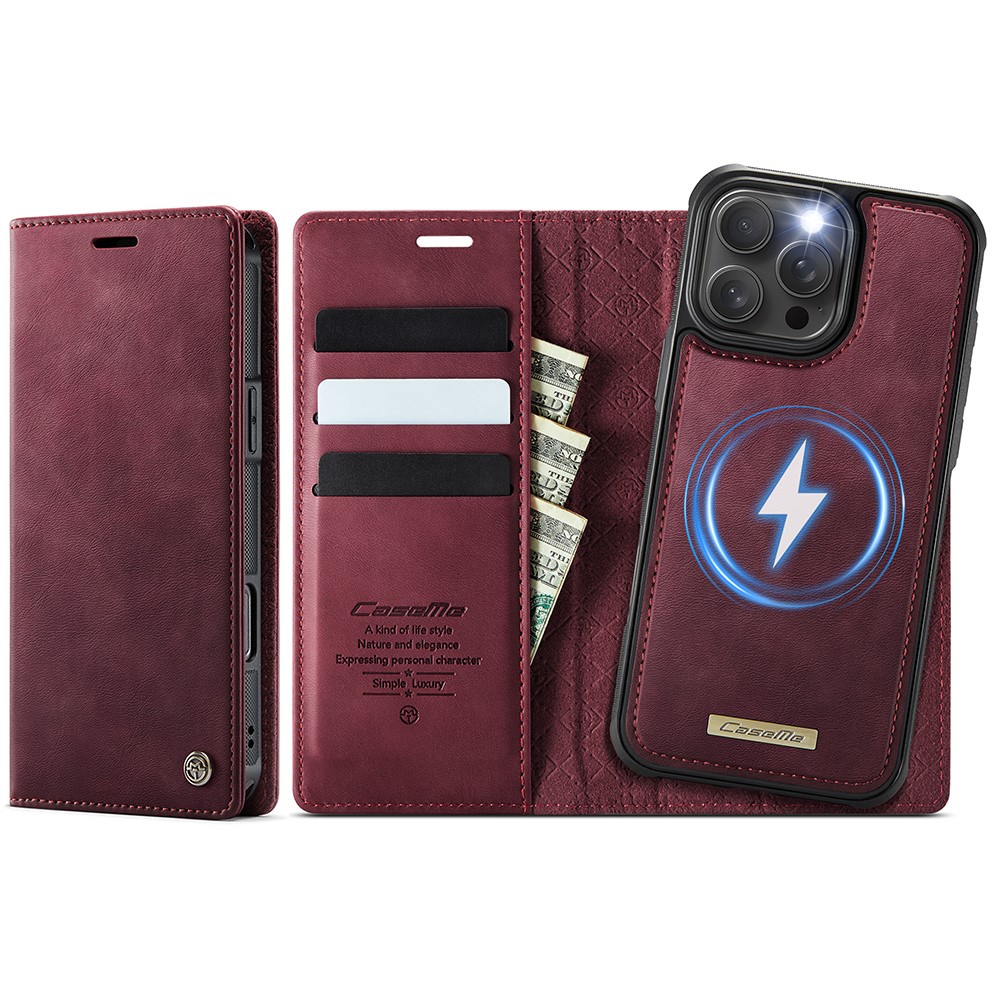 CASEME C49 For iPhone 16 Pro Max Case Compatible with MagSafe RFID Blocking Detachable Wallet Leather Phone Cover - Red
