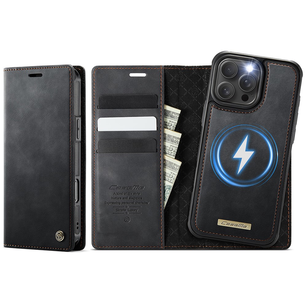 CASEME C49 For iPhone 16 Pro Max Case Compatible with MagSafe RFID Blocking Detachable Wallet Leather Phone Cover - Black