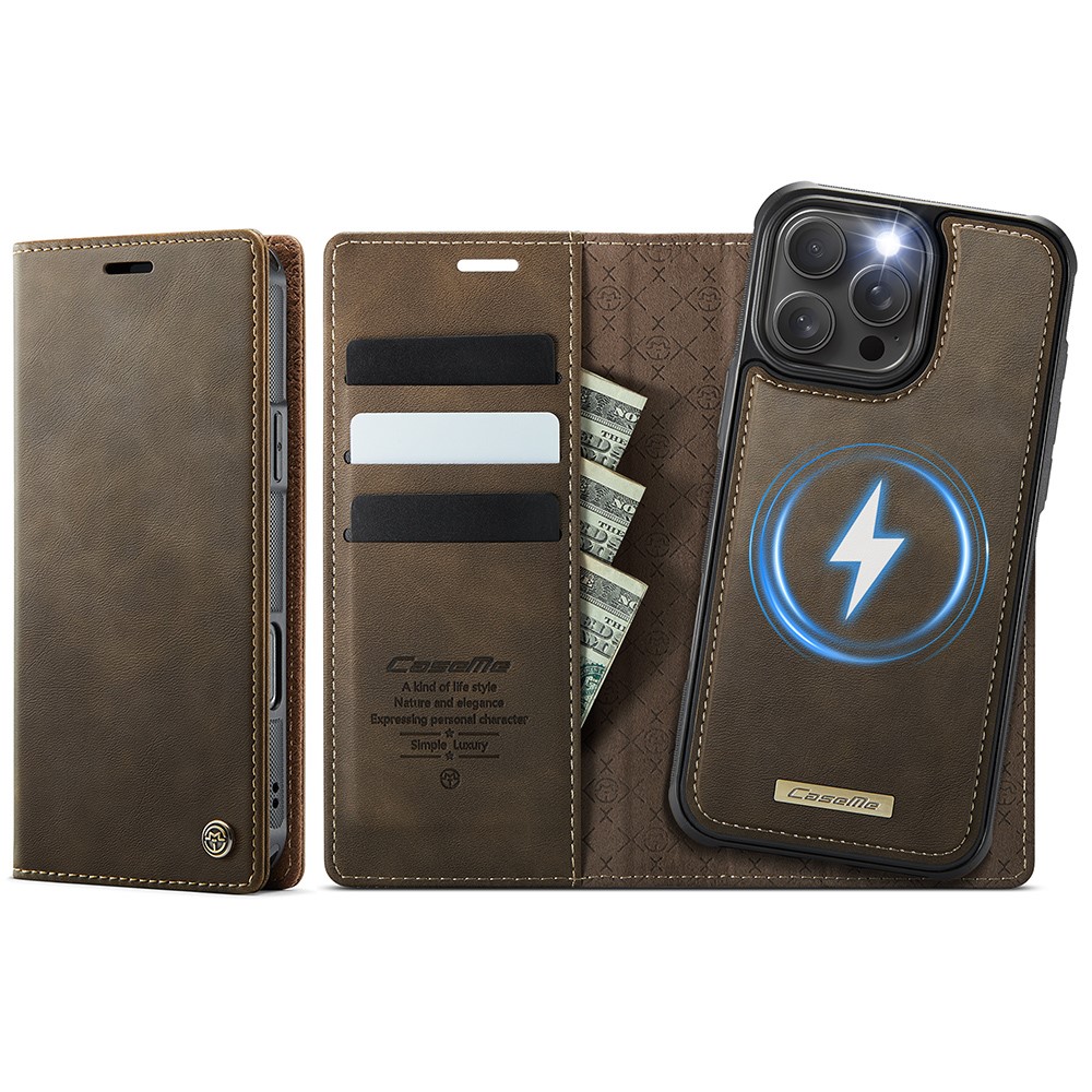 CASEME C49 For iPhone 16 Pro Max Case Compatible with MagSafe RFID Blocking Detachable Wallet Leather Phone Cover - Coffee