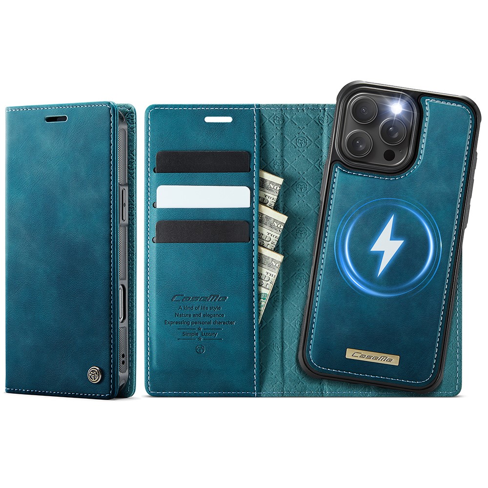 CASEME C49 For iPhone 16 Pro Max Case Compatible with MagSafe RFID Blocking Detachable Wallet Leather Phone Cover - Blue