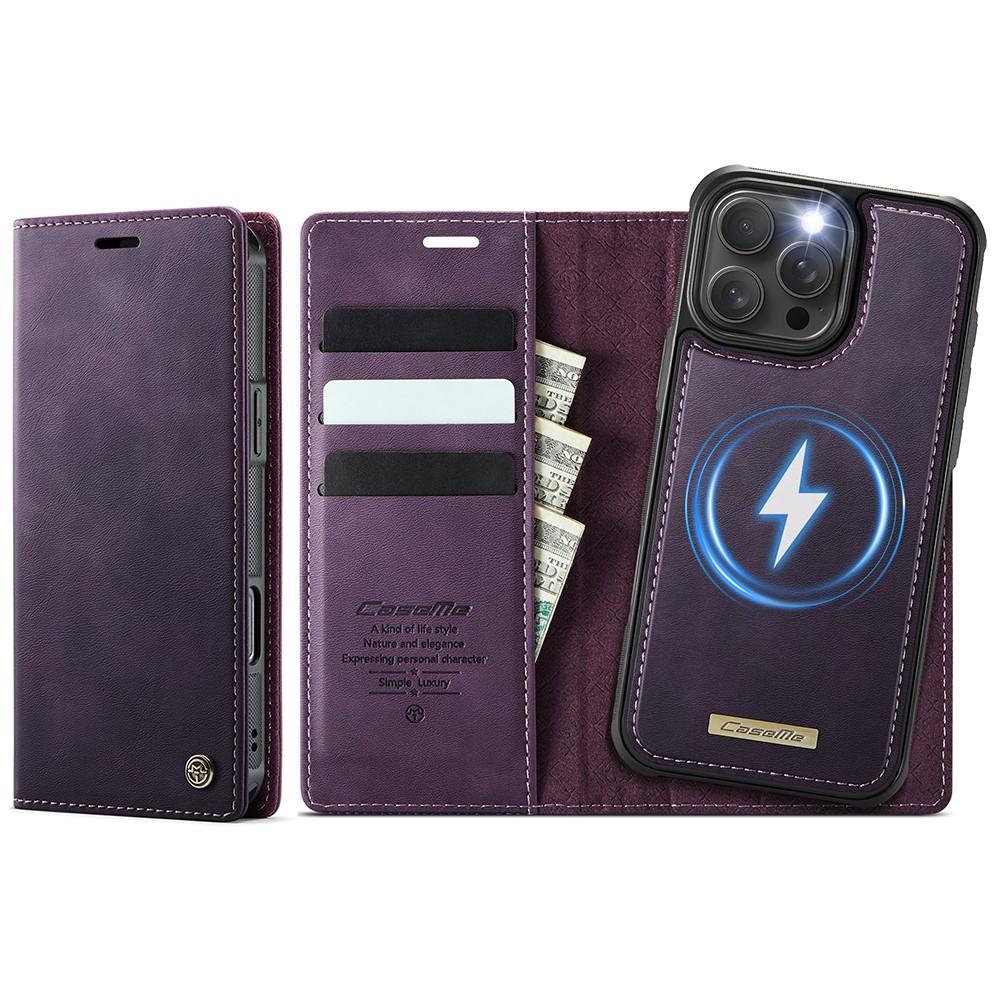 CASEME C49 For iPhone 16 Pro Max Case Compatible with MagSafe RFID Blocking Detachable Wallet Leather Phone Cover - Purple