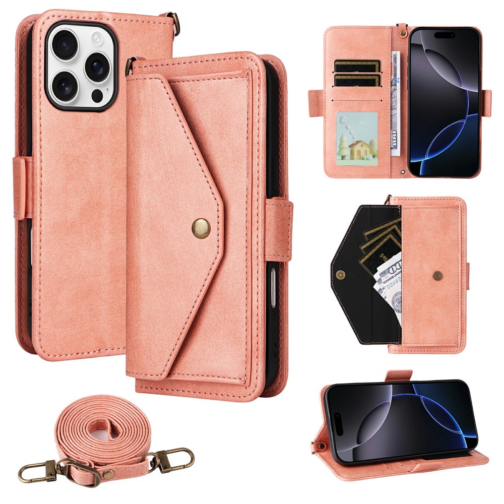 For iPhone 16 Pro Leather Case Magnetic Closure Wallet Stand Phone Cover with Crossbody Strap - Pink