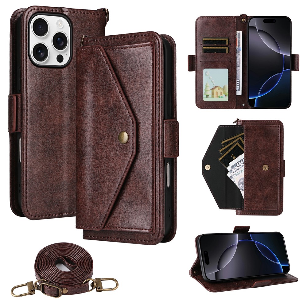 For iPhone 16 Pro Max Leather Case Magnetic Closure Wallet Stand Phone Cover with Crossbody Strap - Brown