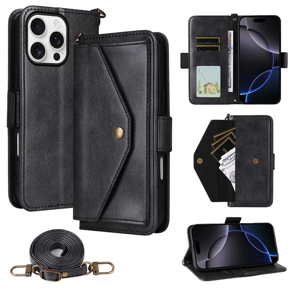 For iPhone 16 Pro Max Leather Case Magnetic Closure Wallet Stand Phone Cover with Crossbody Strap - Black