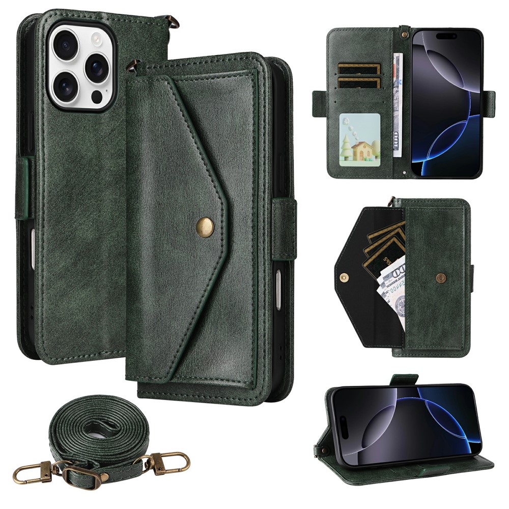 For iPhone 16 Pro Max Leather Case Magnetic Closure Wallet Stand Phone Cover with Crossbody Strap - Green