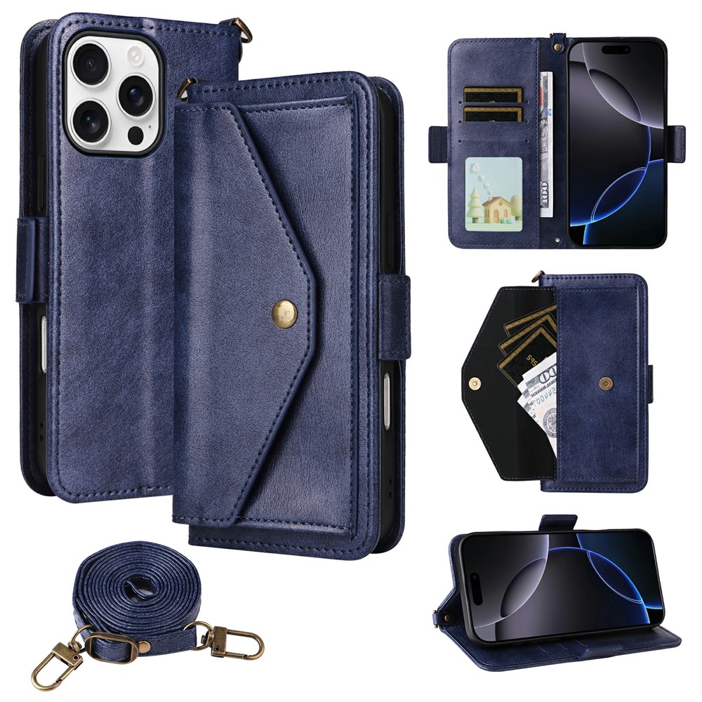 For iPhone 16 Pro Max Leather Case Magnetic Closure Wallet Stand Phone Cover with Crossbody Strap - Blue
