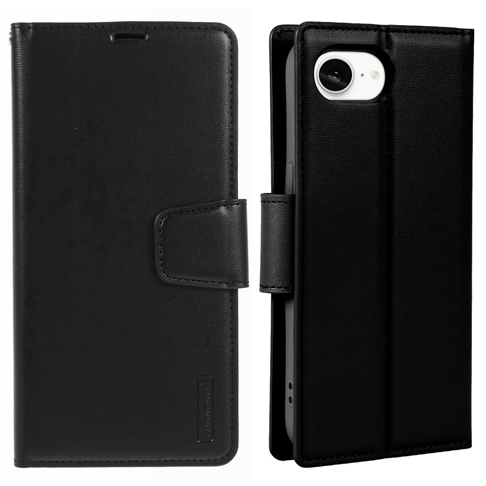HANMAN Mill Series for iPhone 16e Case Wallet Stand PU Leather Phone Cover - Black