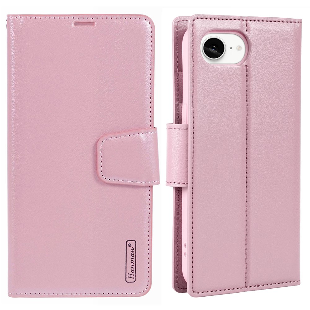 HANMAN Mill Series for iPhone 16e Case Wallet Stand PU Leather Phone Cover - Rose Gold